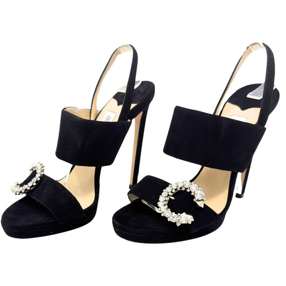 Jimmy Choo Heels White Crystal Black Suede Slingback Platform Sandals EU 36.5 - Picture 2 of 11